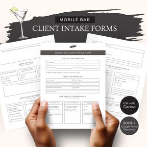 Mobile Bar Business Client Intake Form, Event Information Canva Template, Pop-up Cocktail Cart Google Form, Editable Bartending Sheets, RB10