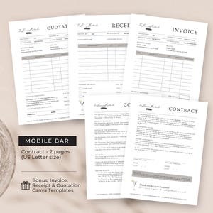 Contractsjabloon mobiel bartender, bewerkbaar in canva, formulier freelance barmanovereenkomst, cocktailbarfactuur, ontvangstbewijs en offerte, RB10