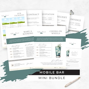 Mobile Bar Business Bundle, Pop-up Cocktail Cart Business Card, Bartending Contract Template, Freelance Bartender Marketing Flyers, RB3