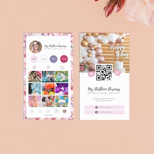 Biglietto da visita Instagram con arco organico a palloncino, biglietto da visita a palloncino con codice QR, carta fedeltà modificabile, branding feed Instagram, BB8