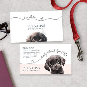 Visitekaartjes voor huisdieroppas met hart, canvassjabloon voor huisdieroppaskaart met hond, preschool-branding puppy, bedrijfsmerk zwarte labrador