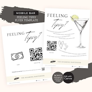 Op de afbeelding: Zwart-witte flyer-sjabloon voor een mobiele bar. De flyer zegt "Feeling Tipsy?" en bevat een QR-code om te scannen voor fooi, een contant-pictogram en de tekst "The Roaming Bartender".