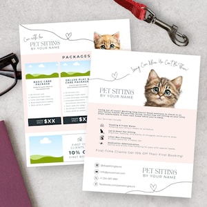 Modello di volantino per cat sitter Canva con cuore, foglio per gatti seduti, design brochure per gattini, marchio scolastico per felini, logo del marchio Tabby Ginger, PE8