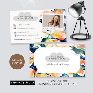 Photobooth Visitenkarten Canva Vorlage, anpassbare Freelancer Fotostudio Markenkarte, DIY Marketingkarte, Paint Splatter Branding, PS1