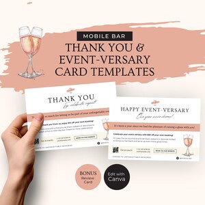 May include: Two pink and white thank you cards with a glass of champagne illustration. The text on the cards reads "Thank You" and "Happy Event-Versary". The cards are part of a mobile bar business template.