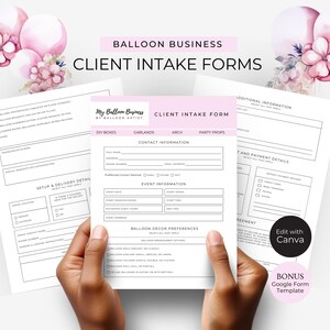 Puede incluir: Un formulario de admisión de clientes imprimible para un negocio de globos. El formulario incluye secciones para información de contacto, detalles del evento, preferencias de decoración de globos y detalles de pago. El formulario está diseñado para ser utilizado por artistas de globos para recopilar información de los clientes.