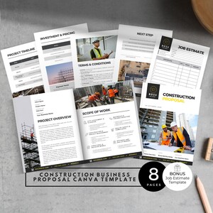 May include: A collection of construction business proposal templates, including project timelines, terms, and job estimates. The documents feature images of construction workers and building sites. The template includes 8 pages and a bonus job estimate template.