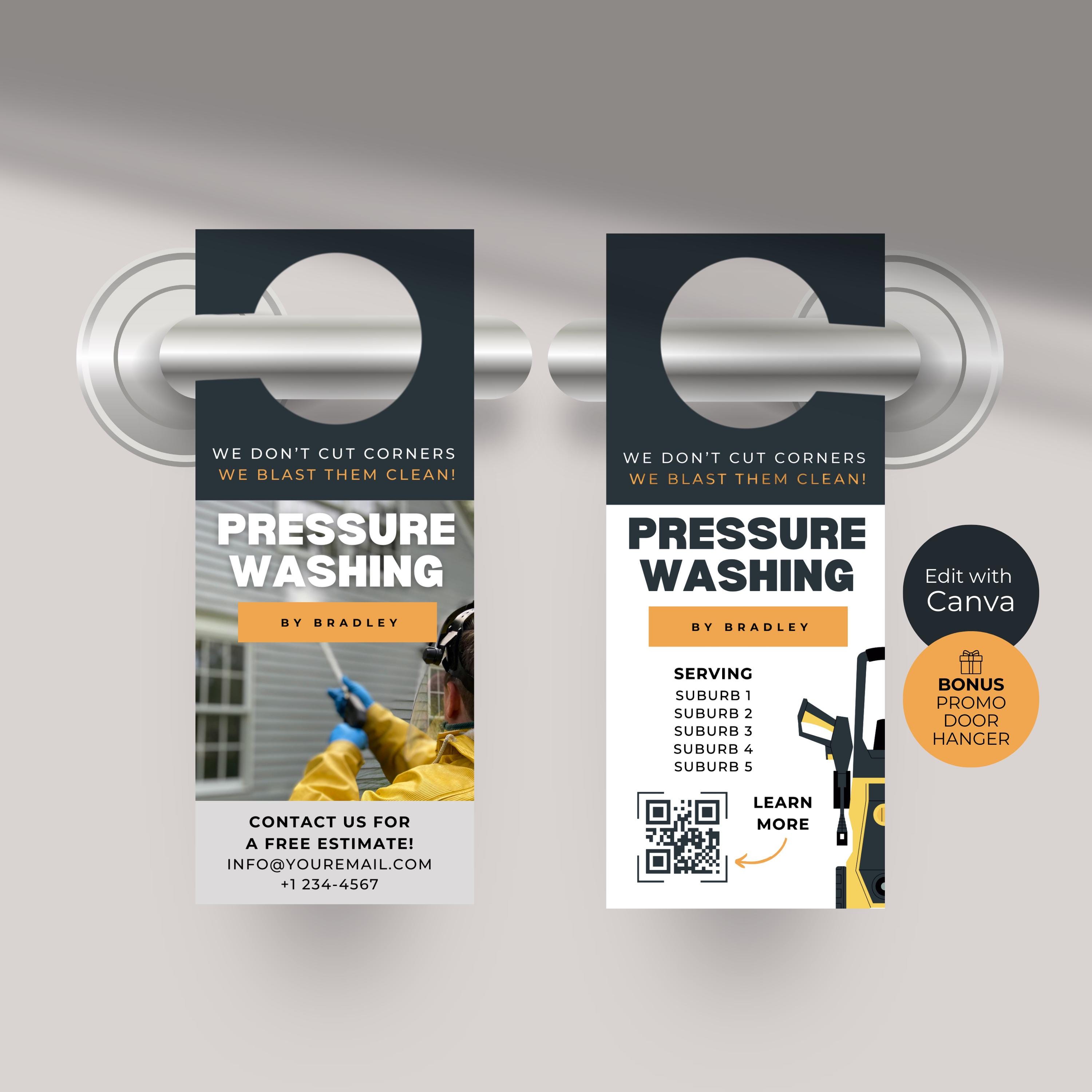 Modello per appendino per porta per idropulitrice, marchio per la pulizia esterna, design fai da te per volantini per porte di idropulitrici, marketin