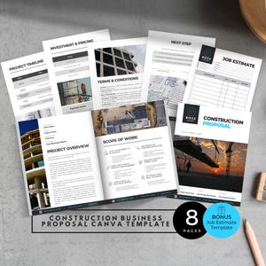 May include: A collection of eight-page construction business proposal Canva templates. The templates include sections for project timelines, investment and pricing, terms and conditions, project overview, and job estimates. The design features a modern layout with images and text.