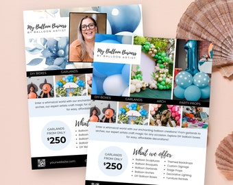 Ulotka artysty balonowego, list do USA, marketing firmy balonowej, szablony Canva, edytowalne w Canva, usługi artystyczne, ulotka z wypuszczeniem balonu, BB9