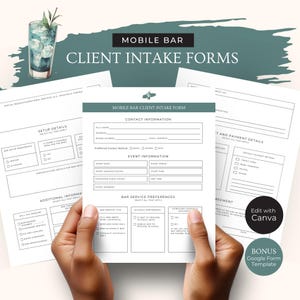 Formularz przyjęcia klienta do mobilnego baru, szablon Canva z informacjami o wydarzeniu, formularz Google Pop-up Cocktail Cart, edytowalne arkusze barmańskie, RB3