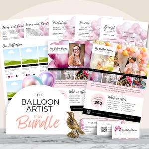 May include: A pink and white themed business branding kit for a balloon artist. The kit includes a quote, invoice, receipt, and business cards. The kit also includes a price list for different balloon arrangements, such as balloon arches, balloon bouquets, and balloon garlands. The kit is designed to help balloon artists create a professional and cohesive brand.