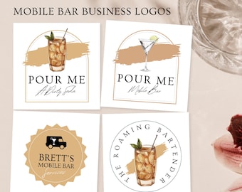Logotipos de negocios de bares móviles, tablero de marca de servicios de coctelería de refrescos, pautas de marca, diseño de logotipo de barman, editable en Canva, RB11