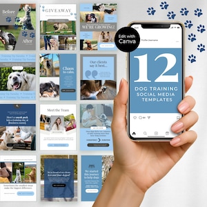Puede incluir: Un smartphone muestra 12 plantillas de redes sociales para el adiestramiento canino. Las plantillas presentan imágenes de perros, texto y una combinación de colores azul y blanco. El teléfono se sostiene en una mano, con huellas de patas en el fondo.