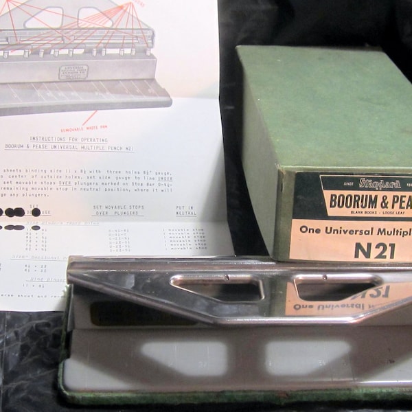 1963 to 1973 Boorum Pease (r) Paper Hole Punch Model N21 Original Box Instruction Sheet Universal Heavy Metal Office Home Clean Nostalgic