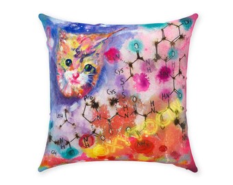 Kitten Throw Pillow | 14, 16, 20 inch | Cotton Twill | Zippered | Adorable Cosmic Kitten with Love Molecule | AMFM ARTWORKS Original Design