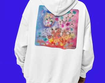 White Hoodie | Adorable Kitten and Molecule | Cosmos | AMFM ARTWORKS | Wear Real Art Mom Gift Grandma Gift