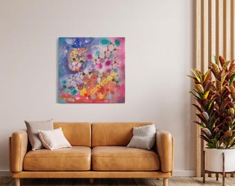 Colorful Cat Kitten Cosmos Wall Art - Whimsical Bonding Love Molecular Fine Art Print (see description for canvas size information)