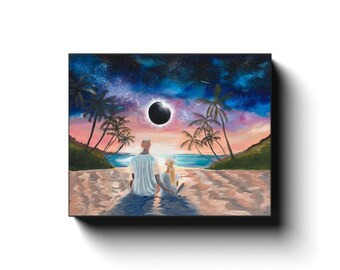 Father's Day Art - Celestial Bond: Vibrant Oil Painting Of Father & Daughter Viewing Full Solar Eclipse (See Description for size key)