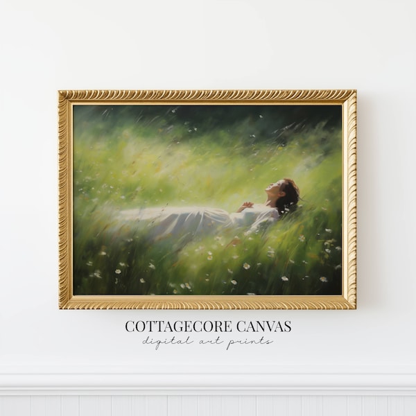 Dreamy Nature Painting, Grassy Meadow Art, Cottagecore, Wall Decor, Digital Download