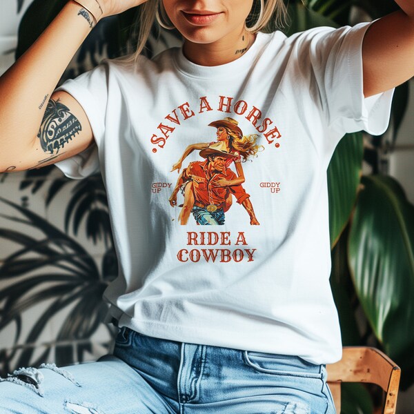 Save a horse Ride a cowboy Retro Vintage T-Shirt Unisex Heavy Cotton Tee Western | Country-Konzert | Western-Cowboyhut | lustiges Cowgirl-Geschenk