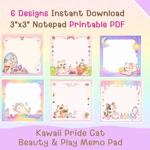 May include: Six 3x3 inch printable notepad designs featuring pastel-colored borders and illustrations of cats engaged in various activities like exercising, picnicking, and grooming. The text reads 6 Designs Instant Download 3x3 Notepad Printable PDF.