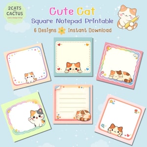 Kawaii Cat Notepad Set, Pastel Memo Pages, 6 Designs (A4 PDF)
