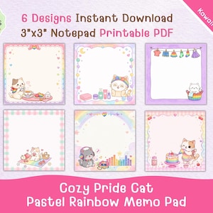 May include: Six square 3x3 inch printable notepad designs featuring pastel rainbow themes and cartoon cats. Each memo pad sheet includes illustrations of cats with items like tea, laundry, music, and cake, all framed by colorful, decorative borders.