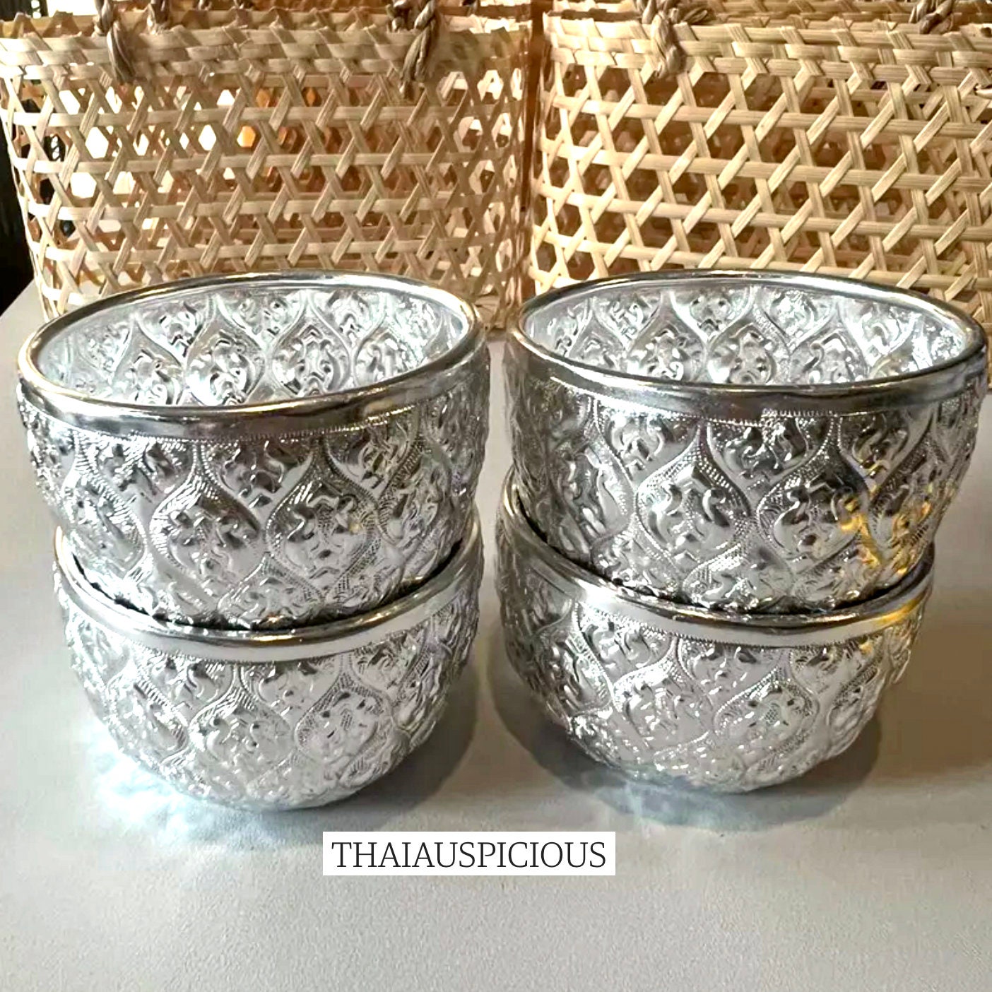 Vintage Thai Water Bowl Silver Color Set 4 Pcs Collection - Etsy