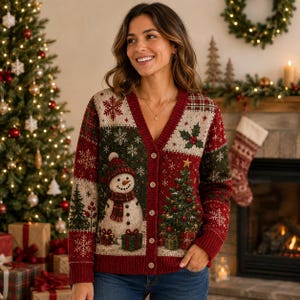 Puede incluir: Un cárdigan de manga larga con cuello en V que presenta un patrón navideño festivo con un muñeco de nieve, un árbol de Navidad decorado, hojas de acebo y copos de nieve blancos sobre un fondo rojo y verde, con botones y puños acanalados.