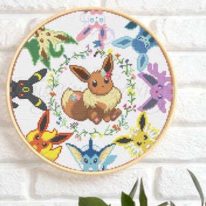 Patrón de punto de cruz para anillo de flores de Eeveelutions (PDF, Pattern Keeper)