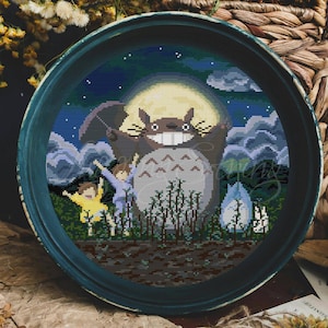Totoro Cross Stitch Pattern: Ghibli anime landscape (PDF Downloadable Pattern Keeper Included)