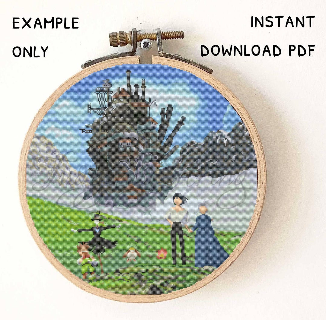 Howls Moving Castle Ghibli Cross Stitch Pattern Round Hoop Full Edge to ...