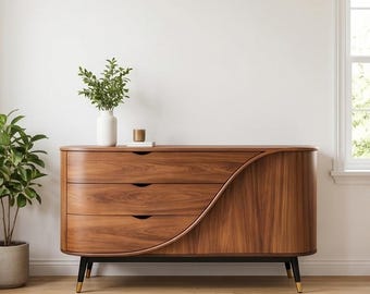 Curved Walnut Credenza | Sculptural Mid Century Modern Dresser Wooden Storage Sideboard Console