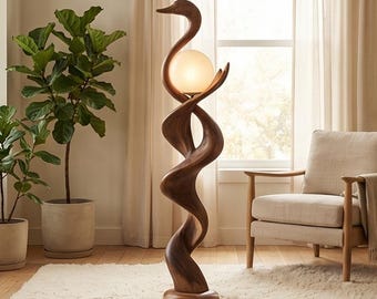 Sculptural Wooden Swan Floor Lamp | Handcrafted Wood Lighting for Minimalist Home Decor