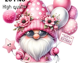 Watercolor Happy Birthday Clipart, Gnome Clipart: Pink Theme (Digital Images)