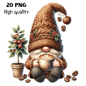 Watercolor Coffee Gnome Clipart PNG, Coffee lover Png, Coffee Png, Cute Gnomes Clipart, Coffee shop Decor, Gnome Lovers, Coffee Latte Gnome,