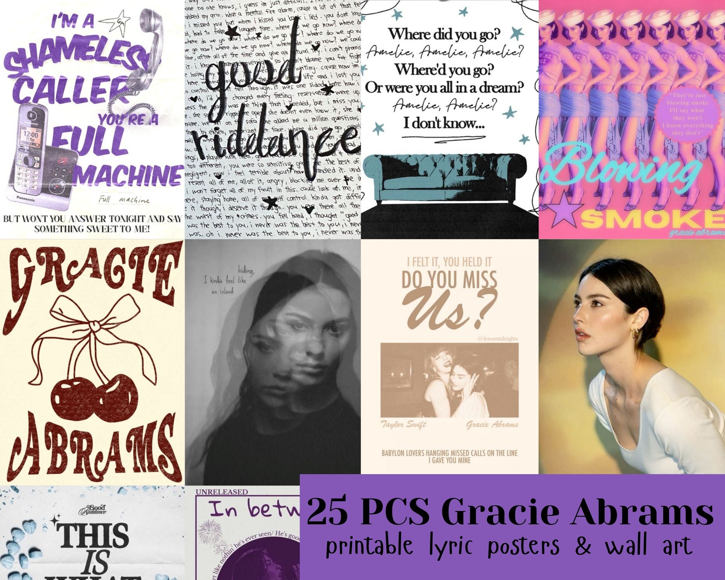 25 PCS | Gracie Abrams Photo Collage Kit and Lyric Posters | Gracie Abrams Aesthetic Photo Collage|  5x7 size (DIGITAL DOWNLOAD) | Decor