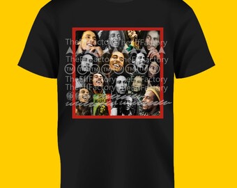 B0B M@rley Black Tee Full Picture Collage Dreadlock Rasta Reggae Jamaica Black History Month Juneteenth 2