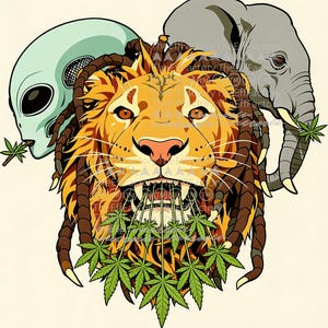 May include: A digital illustration featuring a lion with dreadlocks, an alien, and an elephant. The lion's mouth and the alien's mouth hold cannabis leaves. The elephant also holds a cannabis leaf. The lion is orange and brown.