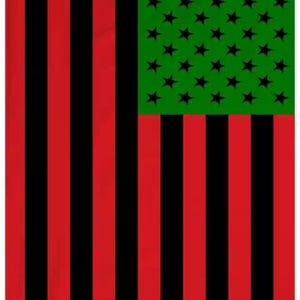 May include: A red, black, and green flag with a row of black stars on a green field. The flag has 13 alternating red and black stripes.