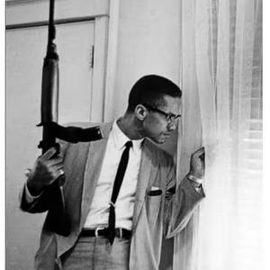 May include: Black and white image of Malcolm X holding a rifle, wearing a suit and tie, looking out a window. The text "MALCOLM X" is at the top, with "BY ANY MEANS NECESSARY" at the bottom.