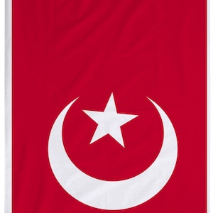 May include: A red flag with a white crescent moon and a white five-pointed star in the center.