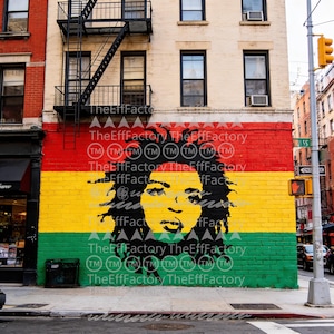 May include: A vibrant mural on a brick building features a portrait in yellow and black against a backdrop of red, yellow, and green stripes. The building has a fire escape and windows. The text "TheEffFactory" is repeated across the image.