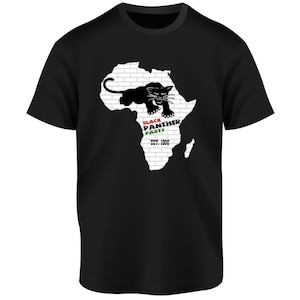 May include: Black t-shirt featuring a black panther graphic inside a white brick outline of the African continent. The text "BLACK PANTHER PARTY" and "EST. 1966" are also displayed in the design.