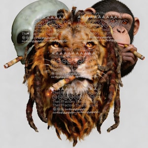 May include: A surreal digital art piece featuring a lion with dreadlocks, an alien, and a chimpanzee, each holding a lit cigar. The lion's mane is brown and orange, with intense orange eyes. The alien is gray, and the chimpanzee is black.