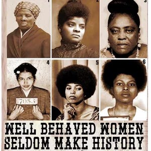 May include: A vintage-style wanted poster with black text that reads "WANTED" at the top. Six black and white mugshots of women are arranged in two rows of three. The text below the mugshots reads "WELL BEHAVED WOMEN SELDOM MAKE HISTORY". Below that, the names of six women are listed in two columns: Harriet Tubman, Ida B. Wells, Fannie Lou Hamer, Rosa Parks, Angela Davis, and Assata Shakur.