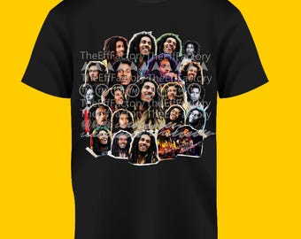 B0B M@rley Black Tee Full Picture Collage Dreadlock Rasta Reggae Jamaica Black History Month Juneteenth