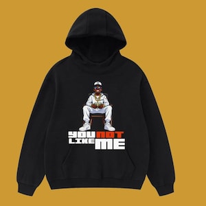 May include: Black hooded sweatshirt with a graphic of a cartoon figure in a white outfit, sunglasses, and a gold chain, seated on a chair. The text "YOU NOT LIKE ME" is printed below the graphic in white and red.