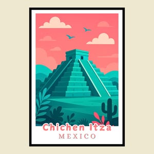 Chichen Itza Framed Poster, Mexico Travel Art Print, Mayan Pyramid Wall Decor, Retro Travel Gifts, Vintage Style Art, Colorful Home Decor
